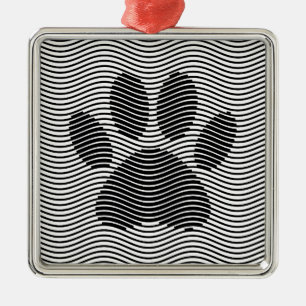 Dog Paw Print On Black And White Waves Metal Tree Decoration