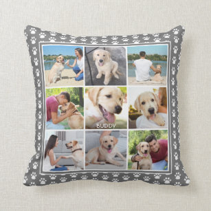 Dog Paw Print Patten Photo Collage Editable Gray Cushion
