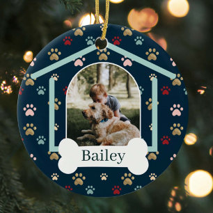 Dog Paw Print Pattern Custom Name Dog House Photo Ceramic Tree Decoration