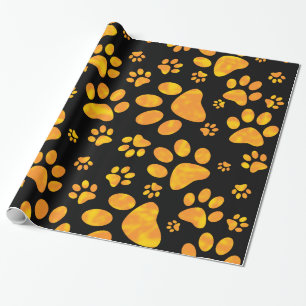 Dog Paw Print Pattern Orange Yellow Wrapping Paper