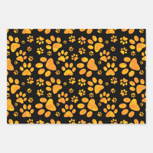 Dog Paw Print Pattern Orange Yellow Wrapping Paper Sheet