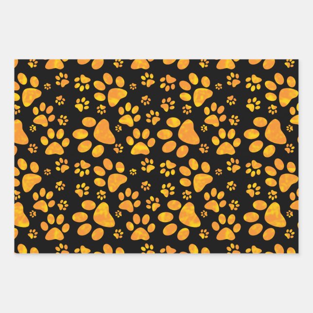 Dog Paw Print Pattern Orange Yellow Wrapping Paper Sheet (Front)