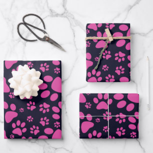 Dog Paw Print Purple and Black Wrapping Paper Sheet
