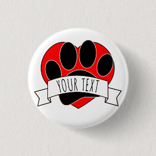 Dog Paw Print Red Heart Banner 3 Cm Round Badge