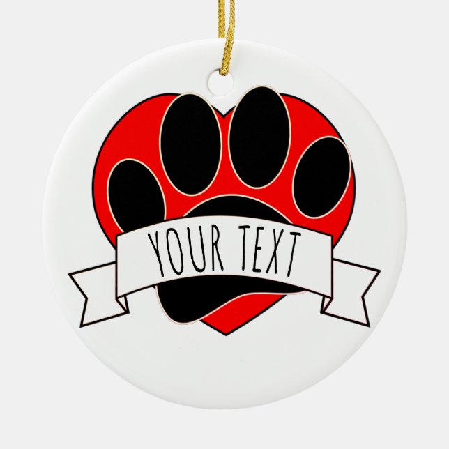 Dog Paw Print Red Heart Banner Ceramic Tree Decoration (Front)
