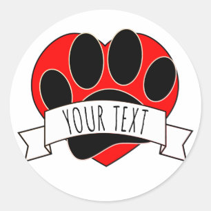 Dog Paw Print Red Heart Banner Classic Round Sticker
