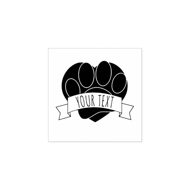 Dog Paw Print Red Heart Banner Rubber Stamp (Imprint)