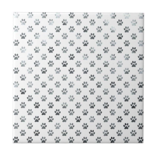 Dog Paw Print Silver Grey White Metallic Faux Foil Tile (Front)