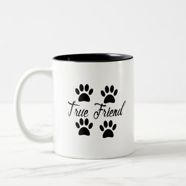 Dog Paw Print True Friends Text Two-Tone Coffee Mug (Left)