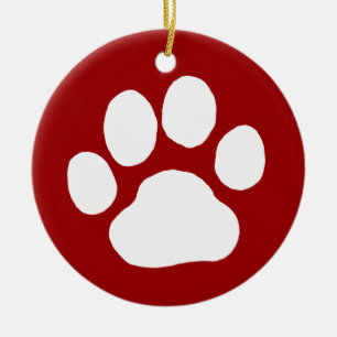 Dog Paw Print (White on Red) Ceramic Tree Decoration