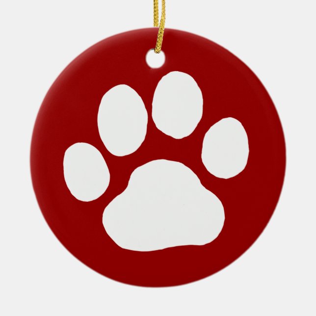 Dog Paw Print | White on Red Christmas Holiday Ceramic Tree Decoration (Front)