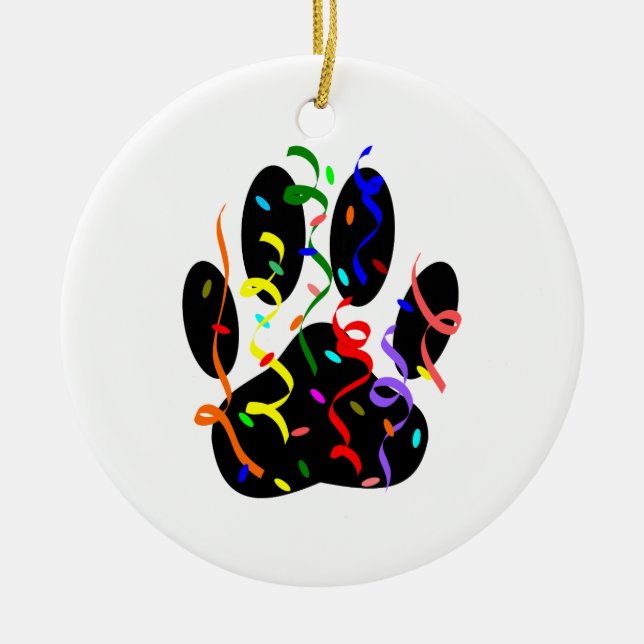 Dog Paw Print With Confetti And Streamer Ceramic Tree Decoration (Front)