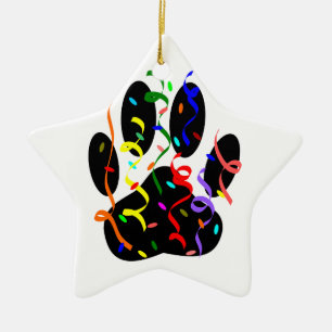 Dog Paw Print With Confetti And Streamer Ceramic Tree Decoration