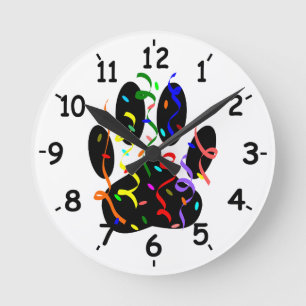 Dog Paw Print With Confetti And Streamer Round Clock