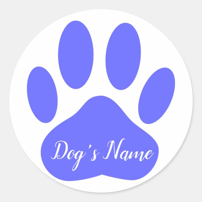 Dog Paw Print With Custom Name Blue Classic Round Sticker (Front)