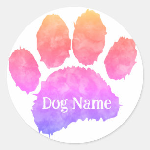 Dog Paw Print With Custom Name Watercolor Classic Round Sticker