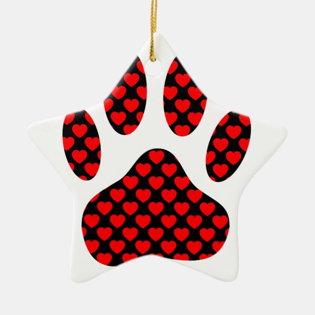 Dog Paw Print With Hearts Ceramic Tree Decoration (Front)