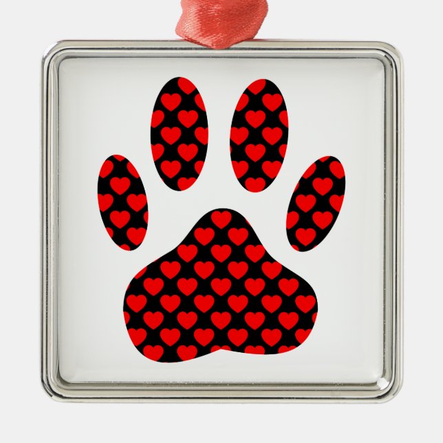 Dog Paw Print With Hearts Metal Tree Decoration (Front)