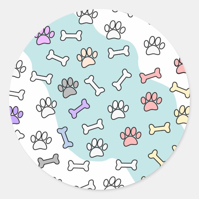 Dog Paw Prints And Bones Art Pattern Classic Round Sticker (Front)