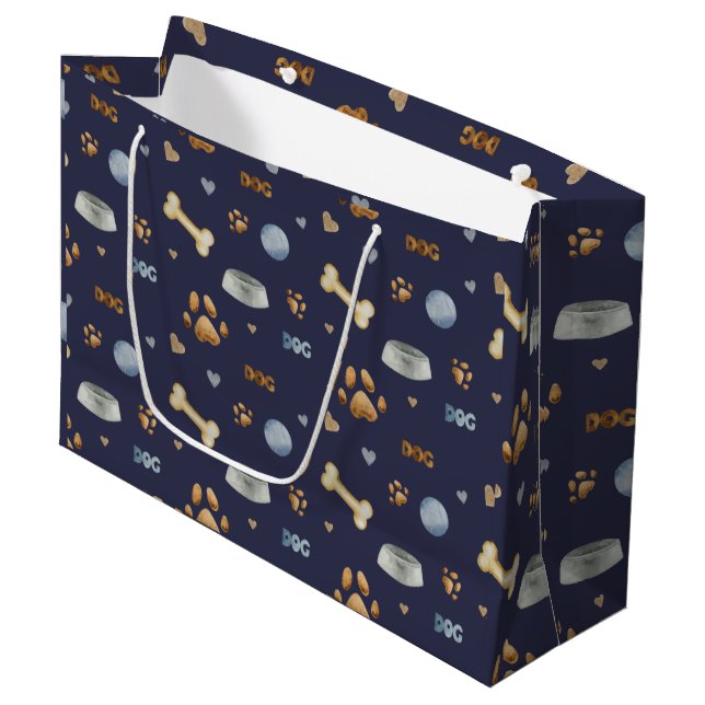 Dog Paw Prints and Bones Cute Large Gift Bag (Front Angled)