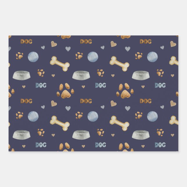 Dog Paw Prints and Bones Cute Wrapping Paper Sheet (Front)