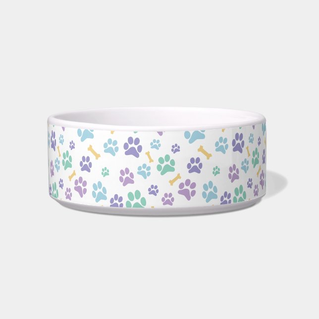 Dog Paw Prints and Bones Pastel Colours Bowl (Front)
