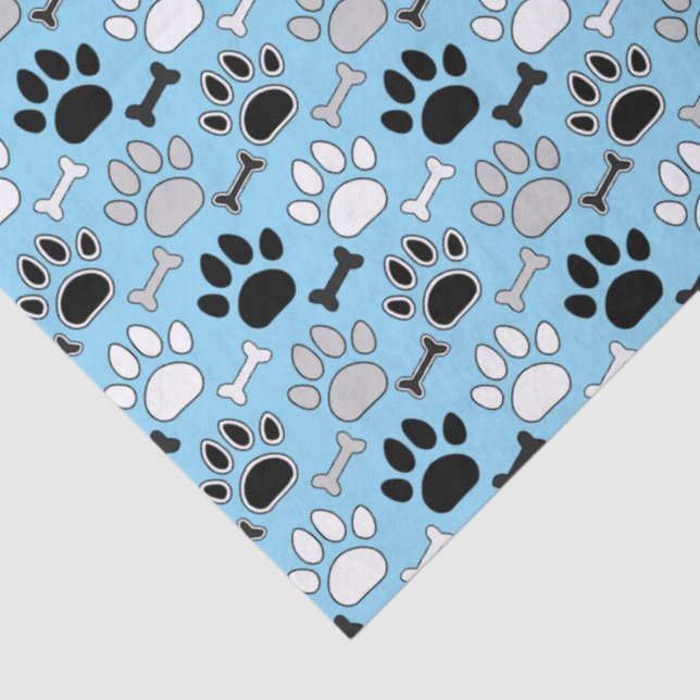 Dog Paw Prints and Bones Pattern Blue Tissue Paper (Detail)