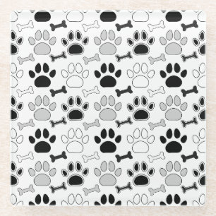 Dog Paw Prints and Bones Pattern Glass Coaster