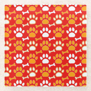 Dog Paw Prints and Bones Pattern Glass Coaster