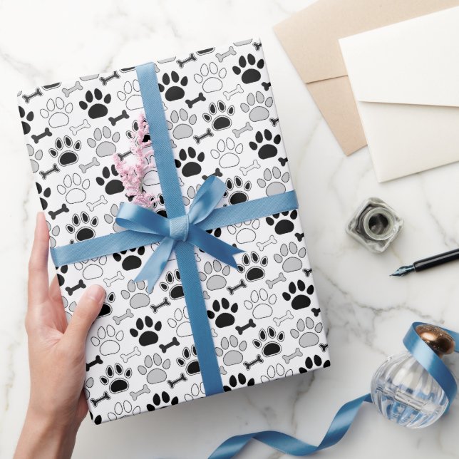 Dog Paw Prints and Bones Pattern Wrapping Paper (Gifting)