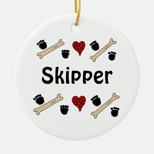 Dog Paw Prints and Bones with Name Ceramic Tree Decoration (Front)