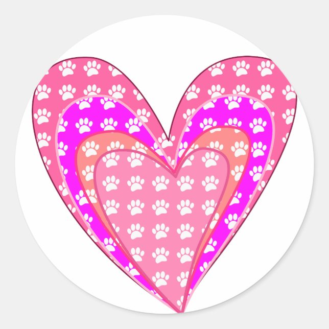 Dog Paw Prints And Pink Hearts Classic Round Sticker (Front)