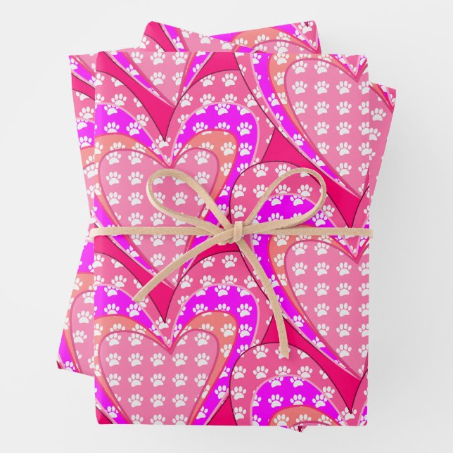 Dog Paw Prints And Pink Hearts Pattern Wrapping Paper Sheet (In situ)