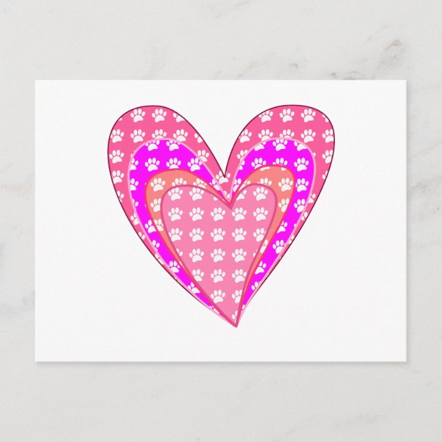 Dog Paw Prints And Pink Hearts Postcard (Front)