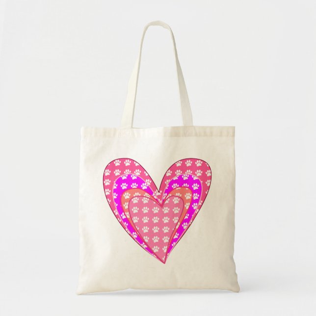 Dog Paw Prints And Pink Hearts Tote Bag (Front)