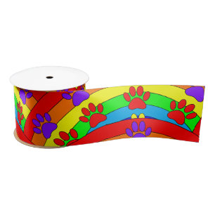Dog Paw Prints And Rainbow Pattern Satin Ribbon