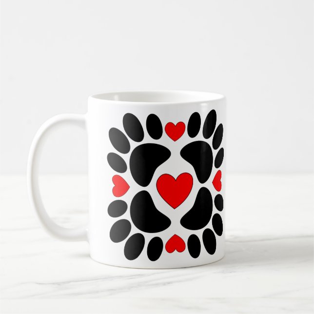 Dog Paw Prints And Red Hearts Pattern  Coffee Mug (Left)