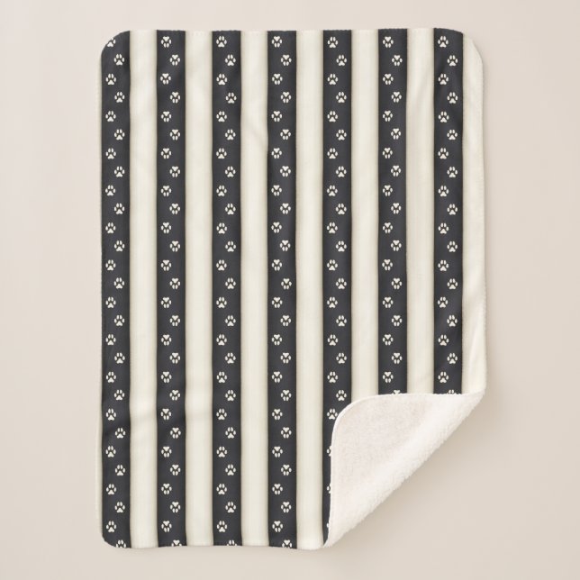 Dog Paw Prints Black & Antique White Pet Lover's Sherpa Blanket (Front)