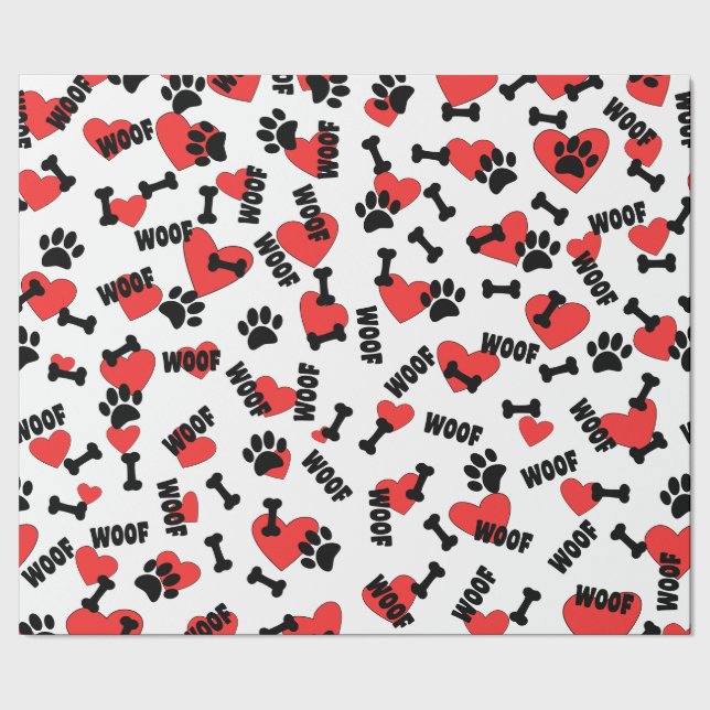 Dog Paw Prints Bones Heart And Woofs Pattern Wrapping Paper (Seam)