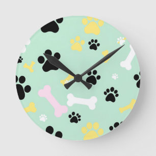 Dog Paw Prints Bones Pattern Round Clock