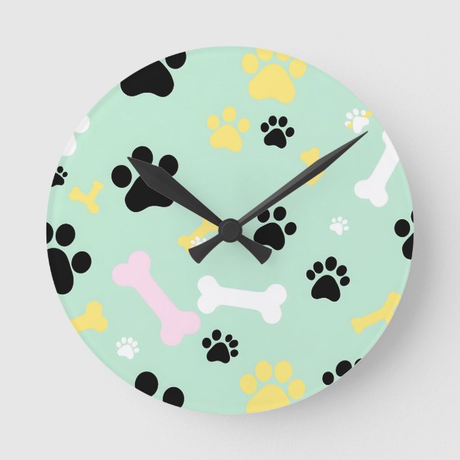 Dog Paw Prints Bones Pattern Round Clock (Front)