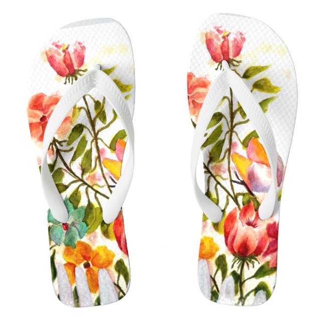 DOG PAW PRINTS FLOWER GARDEN FENCE FLIP FLOPS (Footbed)