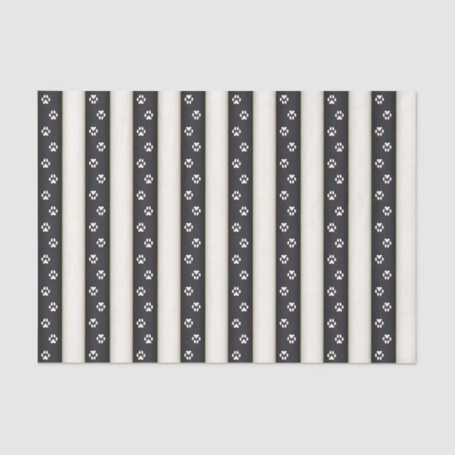 Dog Paw Prints on Black & Antique White Stripes Tissue Paper (Front)