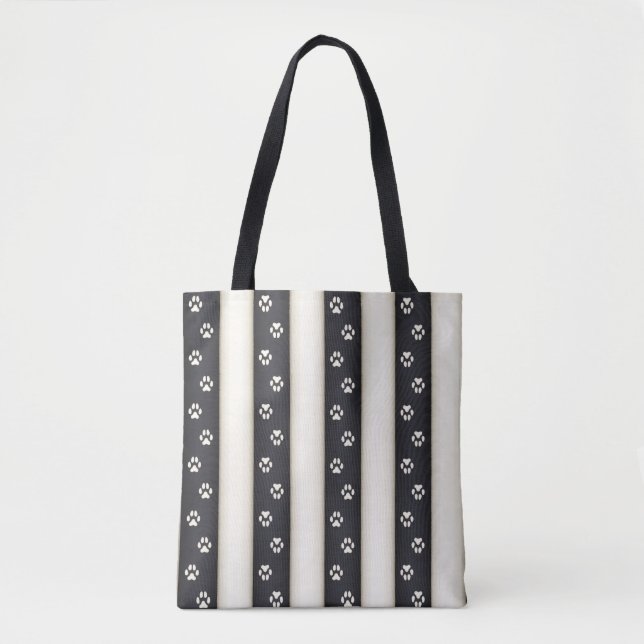 Dog Paw Prints on Black & Antique White Stripes Tote Bag (Front)