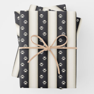 Dog Paw Prints on Black & Antique White Stripes Wrapping Paper Sheet