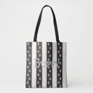 Dog Paw Prints on Black & White Stripes Custom Tote Bag