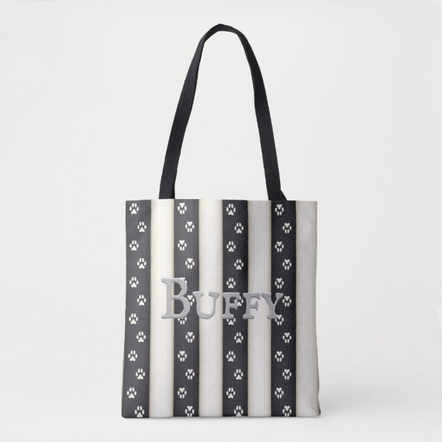 Dog Paw Prints on Black & White Stripes Custom Tote Bag (Front)