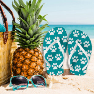Dog Paw Prints On Blue, Green Turquoise Flip Flops
