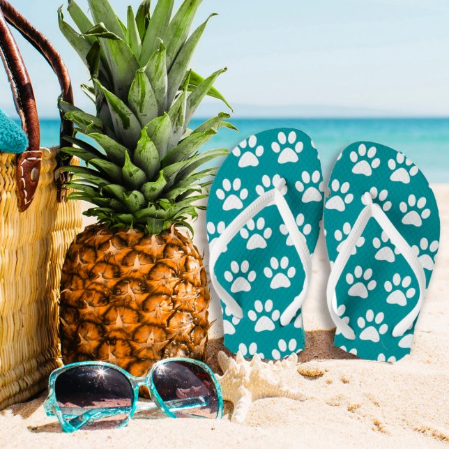 Dog Paw Prints On Blue, Green Turquoise Flip Flops (Creator Uploaded)