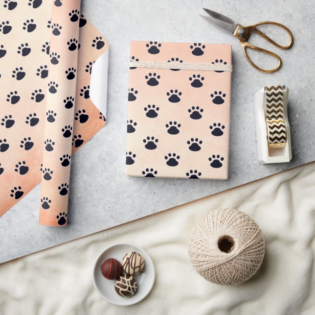 Dog Paw Prints On Orange Texture Wrapping Paper (Crafts)